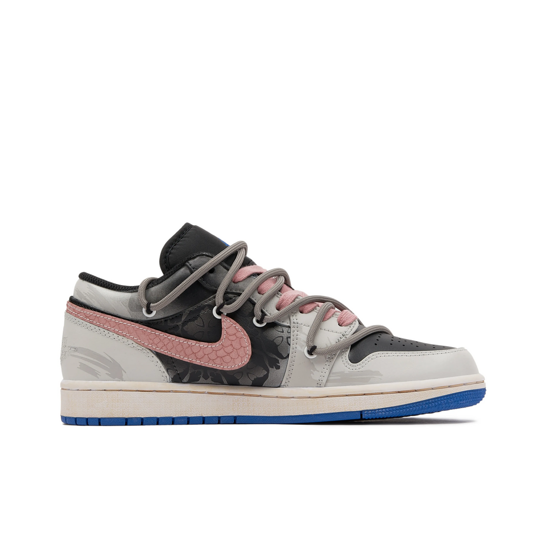 Custom Air Jordan 1 Grey Black Pink Snake Scales Swoosh Low