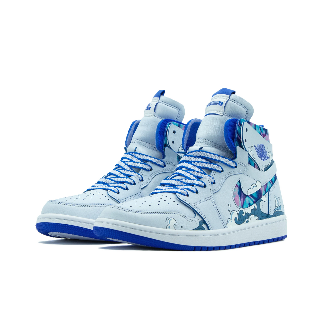 Custom Air Jordan 1 Blue White Ocean Waves Colorful Swoosh