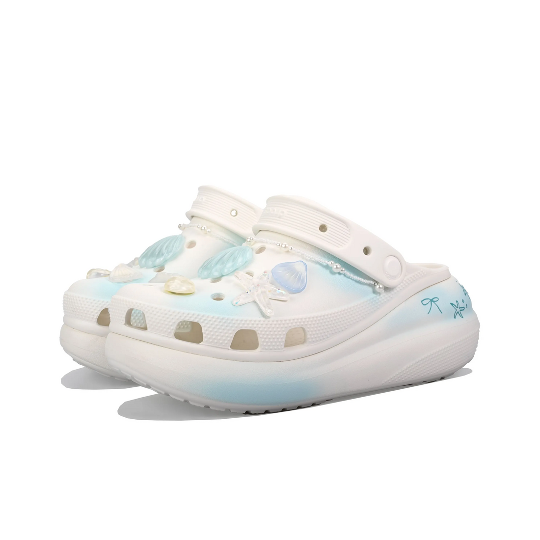 Custom Crocs White Light Blue With Ocean Pearl Shell