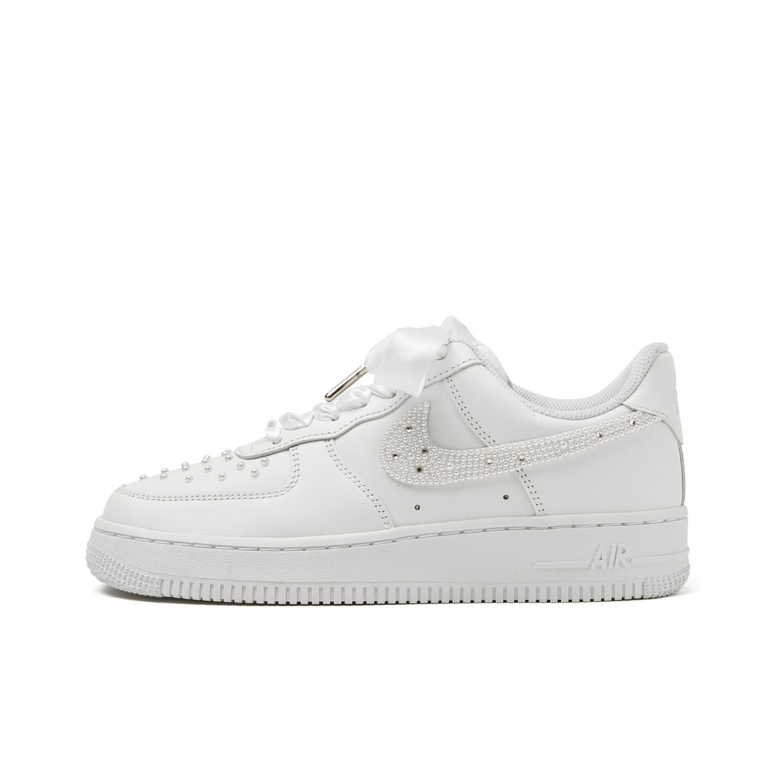 Custom Air Force 1 White Pearls And Diamonds Swoosh Wedding Shoes