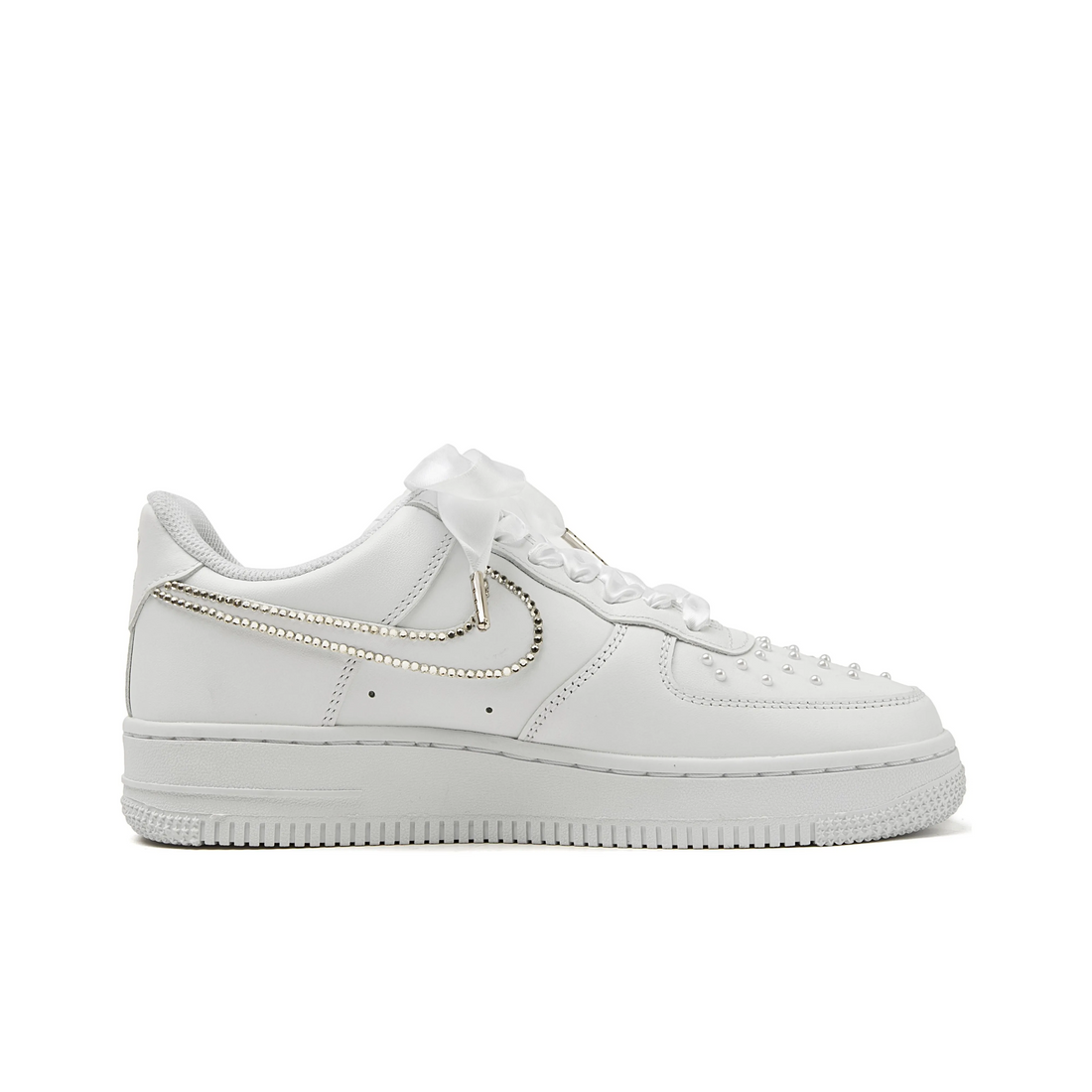 Custom Air Force 1 White Pearls And Diamonds Swoosh Wedding Shoes