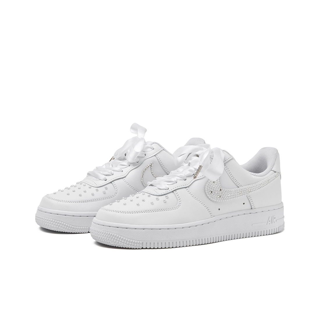 Custom Air Force 1 White Pearls And Diamonds Swoosh Wedding Shoes