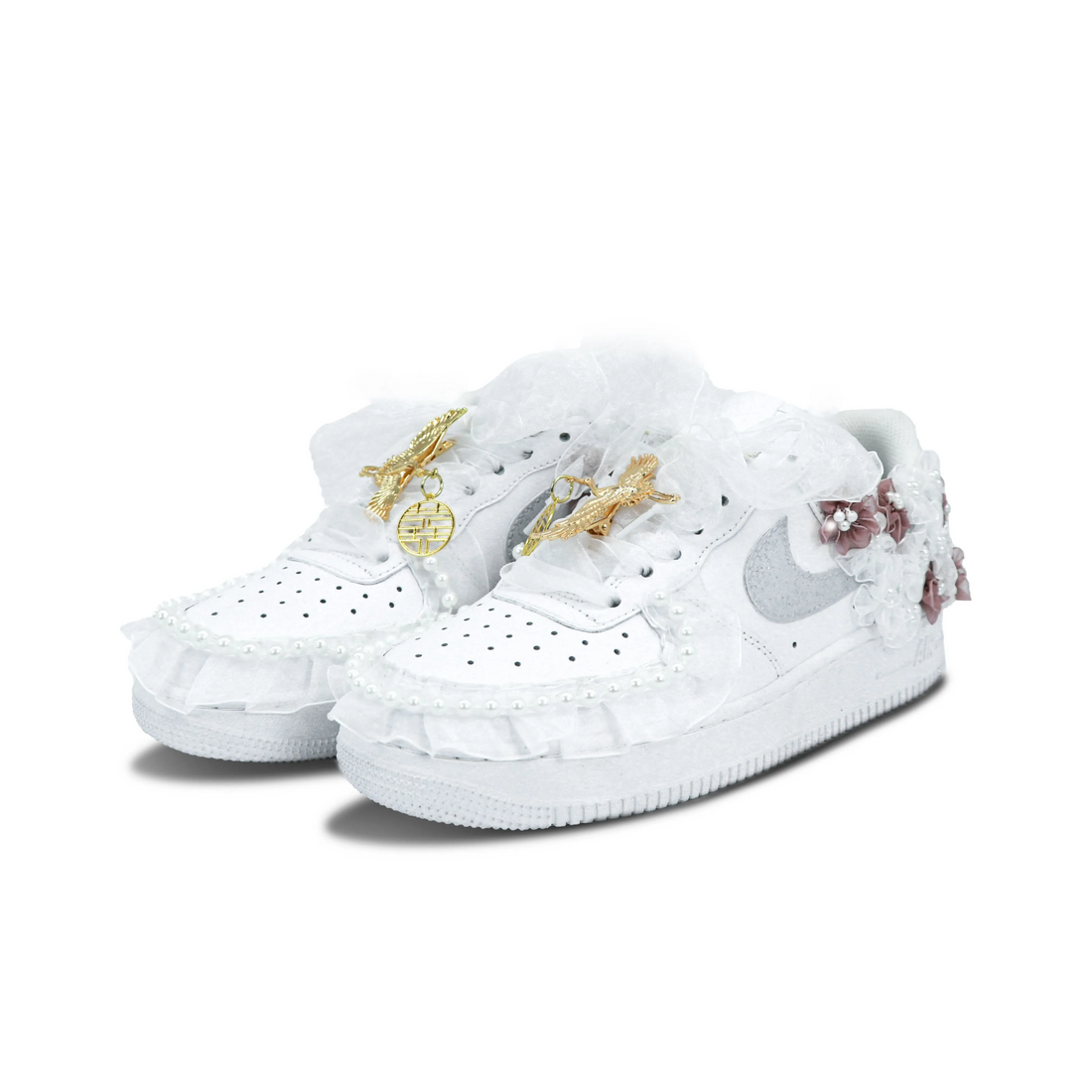 Custom Air Force 1 Grey White Khaki Lace Material Flowers Wedding Shoes