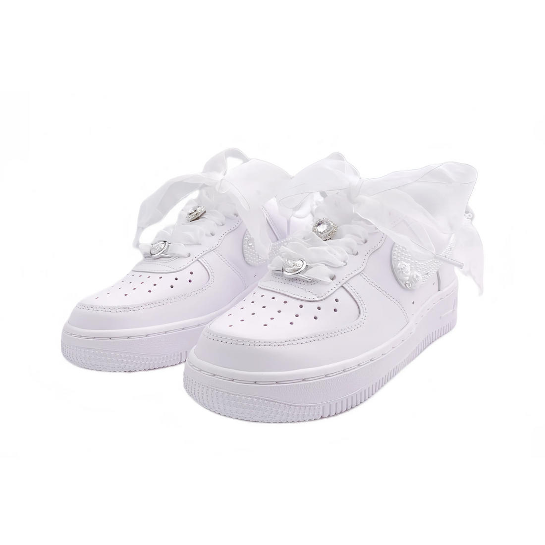 Custom Air Force 1 White Pearls Diamonds Lace Wedding Shoes