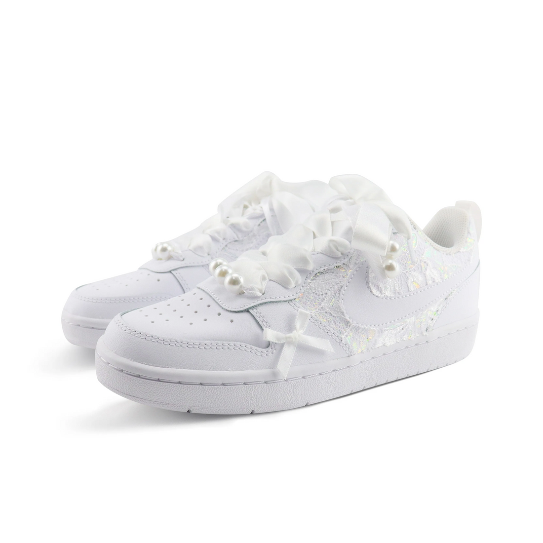 Custom Air Jordan 1 White Lace Pearls Bow Wedding Shoes
