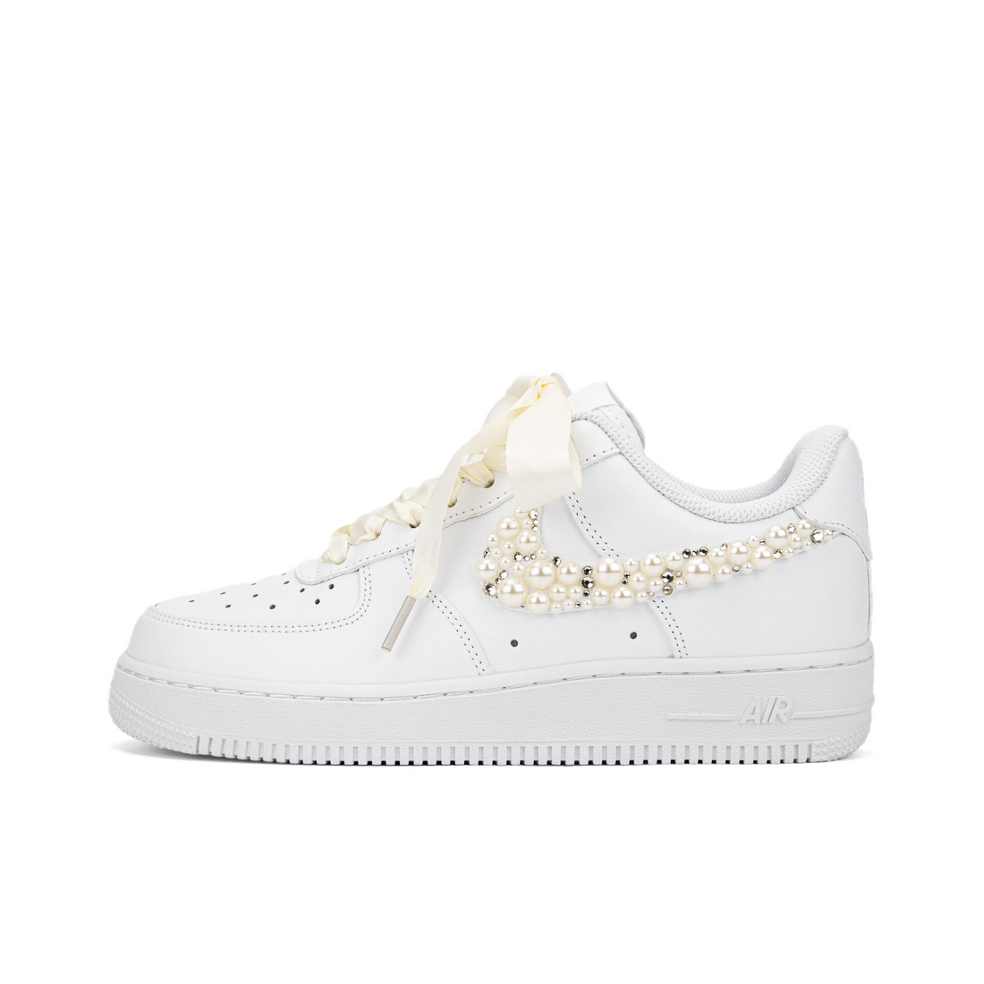 Custom Air Force 1 White Beige Pearls Diamonds Wedding Shoes