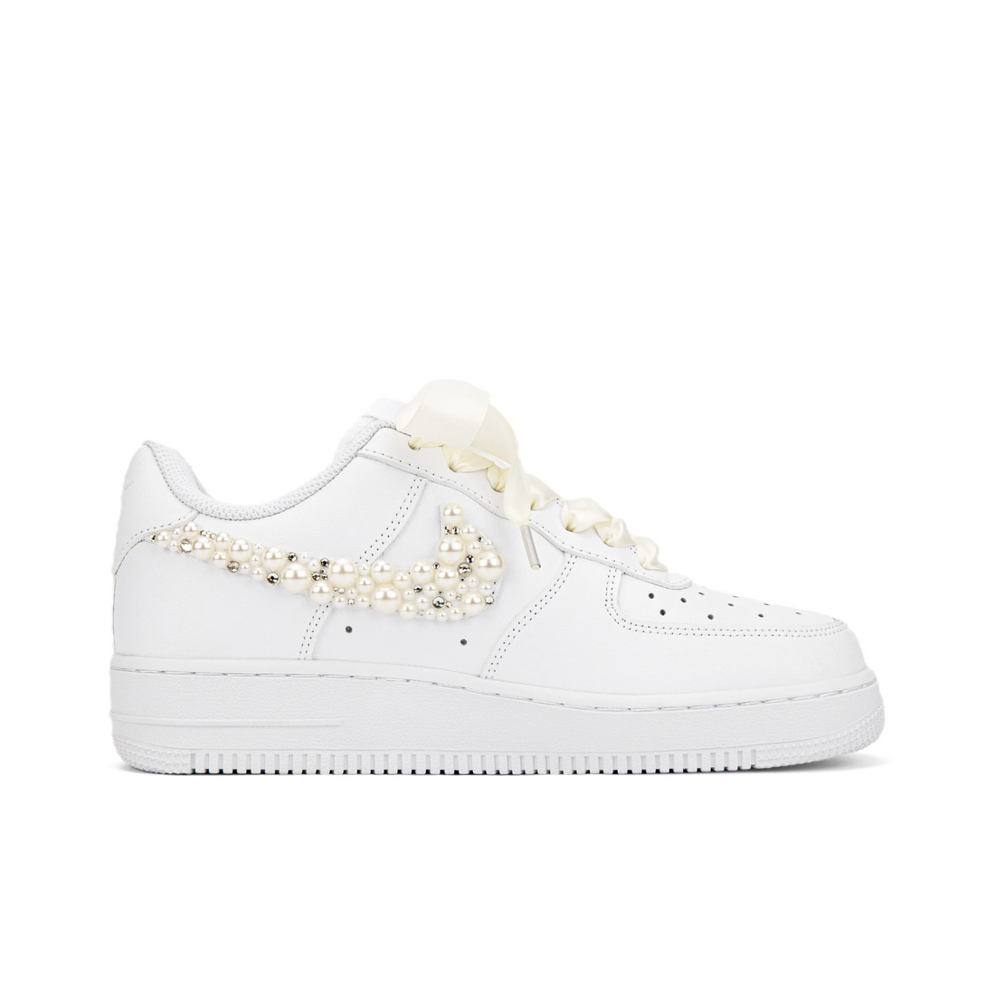 Custom Air Force 1 White Beige Pearls Diamonds Wedding Shoes