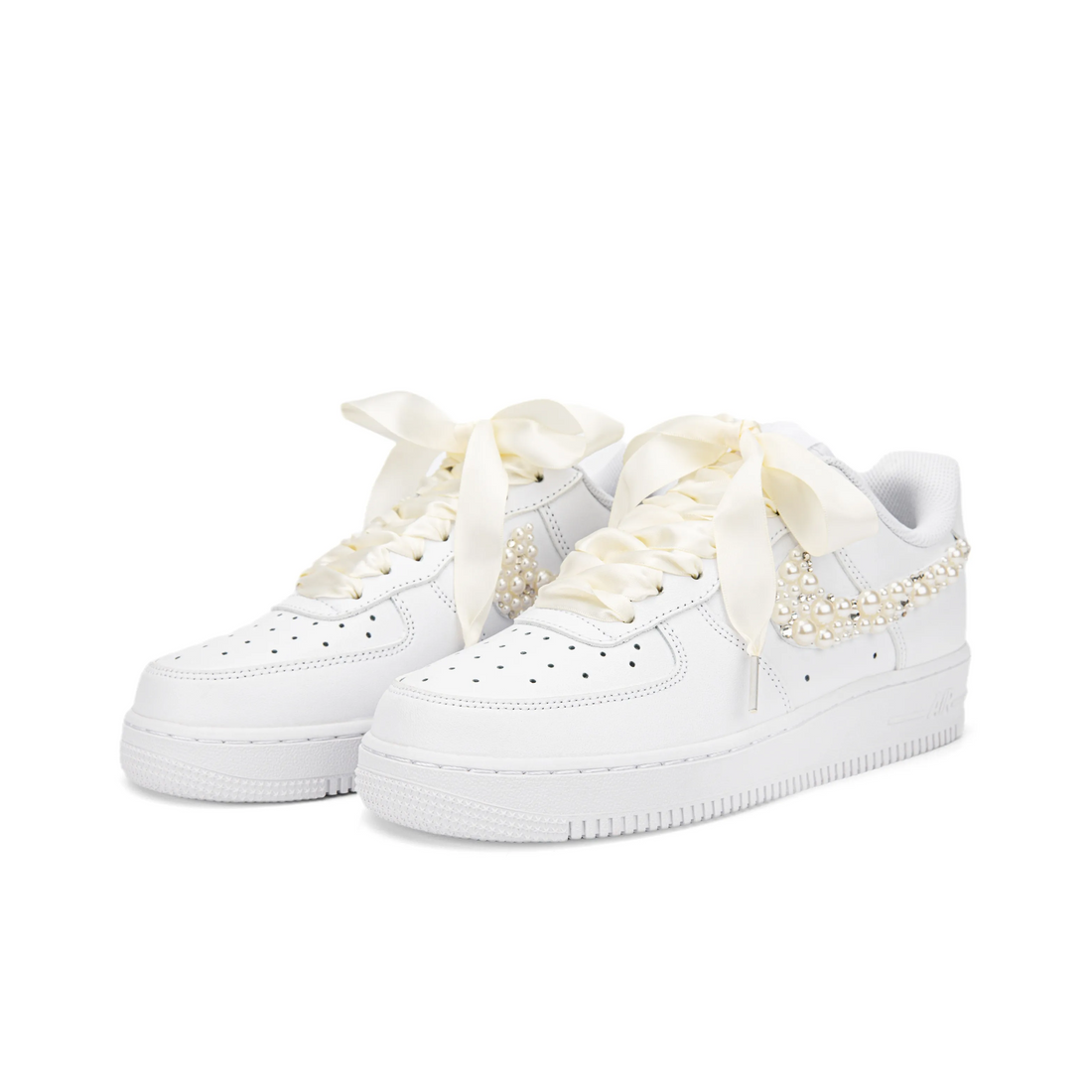 Custom Air Force 1 White Beige Pearls Diamonds Wedding Shoes