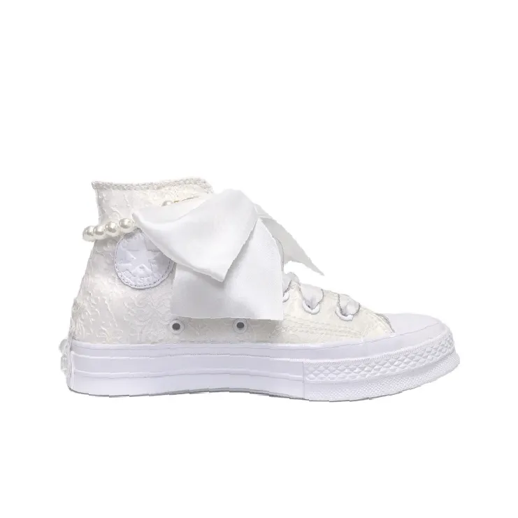 Custom Converse White Flower Embroidery Lace Pearls Wedding Shoes