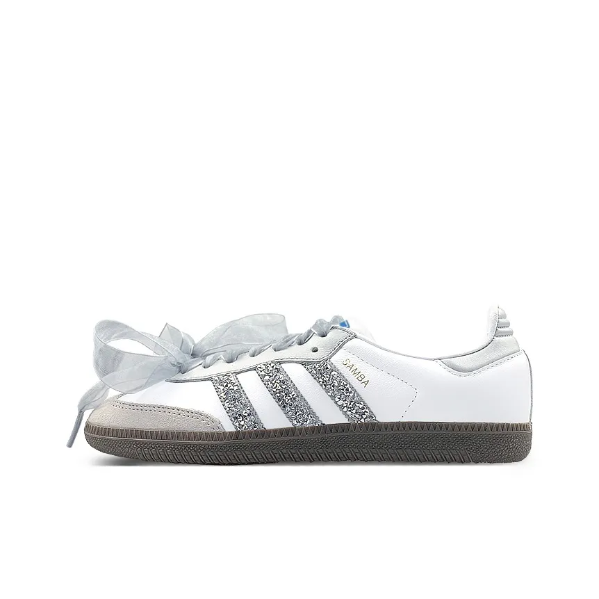 White Sliver Grey Diamonds Wedding Shoes - Adidas Samba Custom