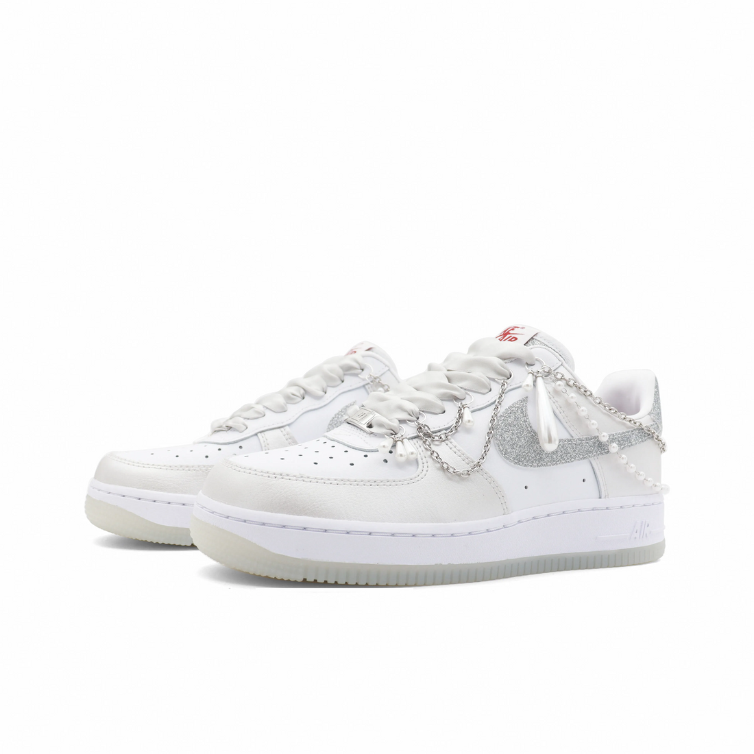 Custom Air Force 1 Light Beige Sliver-Grey Pearls Wedding Shoes