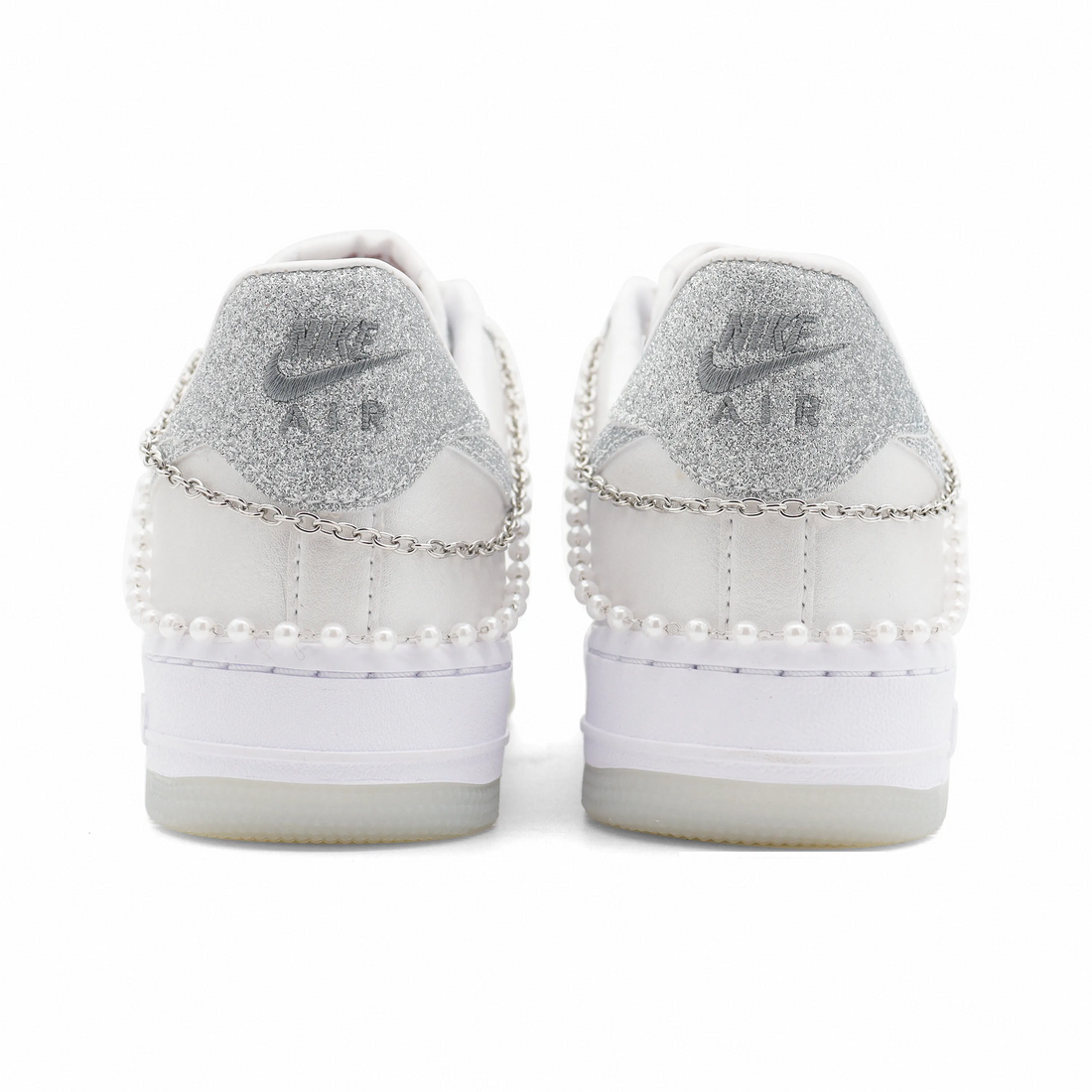 Custom Air Force 1 Light Beige Sliver-Grey Pearls Wedding Shoes