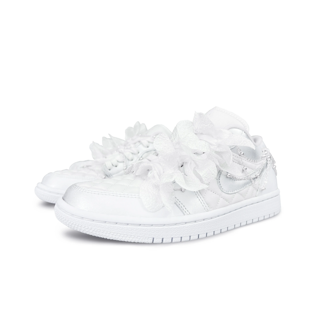 Custom Air Jordan 1 White Sliver Flowers Lace Metal Chain Wedding Shoes