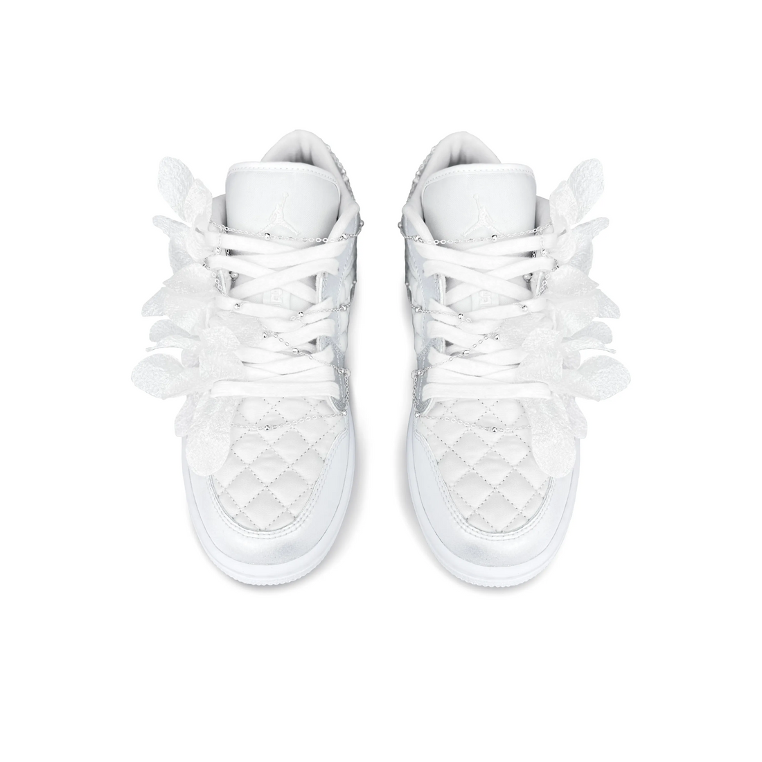 Custom Air Jordan 1 White Sliver Flowers Lace Metal Chain Wedding Shoes