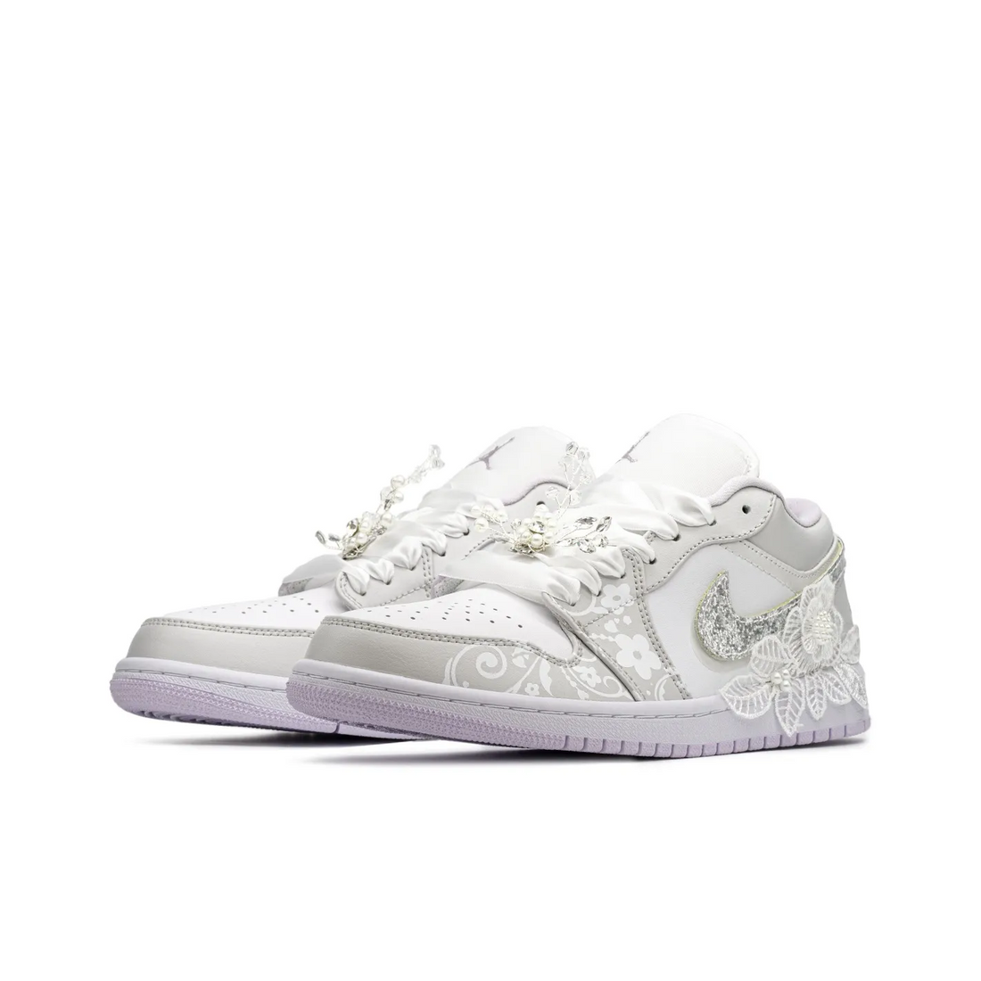 Custom Air Jordan 1 Light Grey White Flower Pattern&Embroidery Wedding Shoes