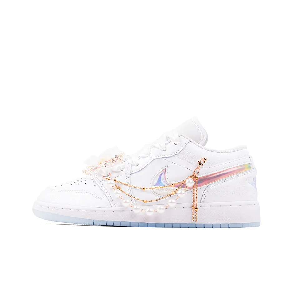 Custom Air Jordan 1 White Jelly Strips Swoosh Pearl Chain Wedding Shoes