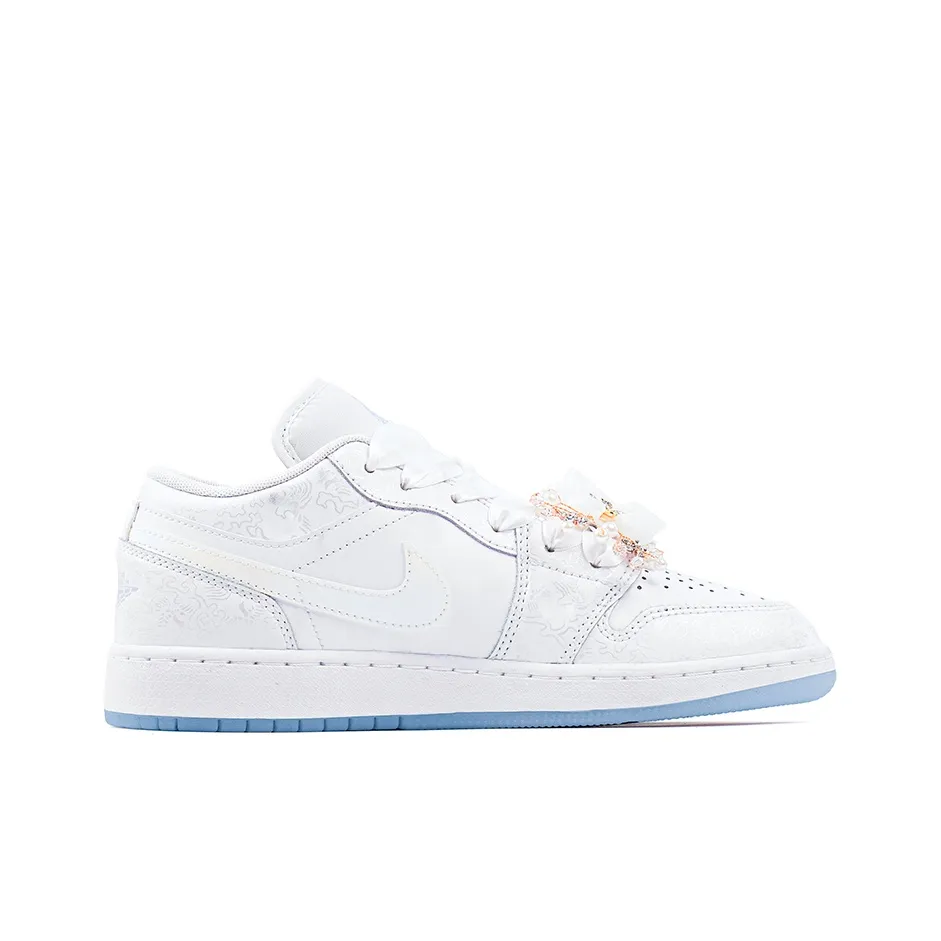 Custom Air Jordan 1 White Jelly Strips Swoosh Pearl Chain Wedding Shoes