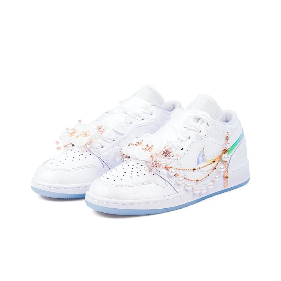 Custom Air Jordan 1 White Jelly Strips Swoosh Pearl Chain Wedding Shoes
