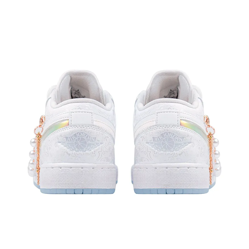 Custom Air Jordan 1 White Jelly Strips Swoosh Pearl Chain Wedding Shoes