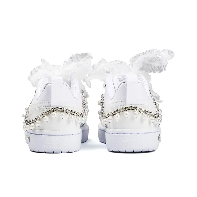 Custom Air Jordan 1 White Pearl Chain Lace Bow Wedding Shoes