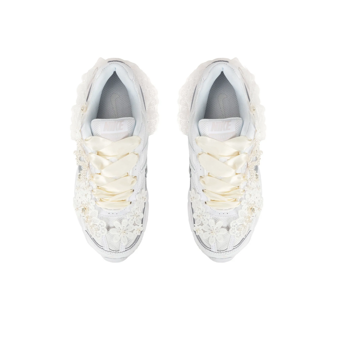 Custom Nike Initiator White Beige Lace Flowers Pearls Wedding Shoes