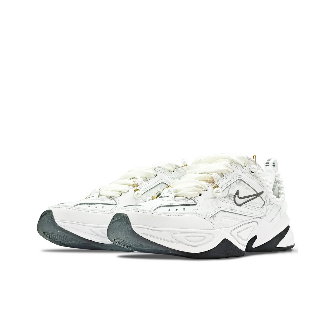 Custom Nike M2K White Pearls Wedding Shoes